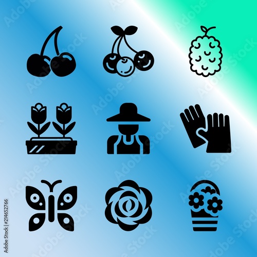 Vector icon set about gardening with 9 icons related to bright, athlete, boxer, fashion, gardener, abstract, rake, park, flora and finger