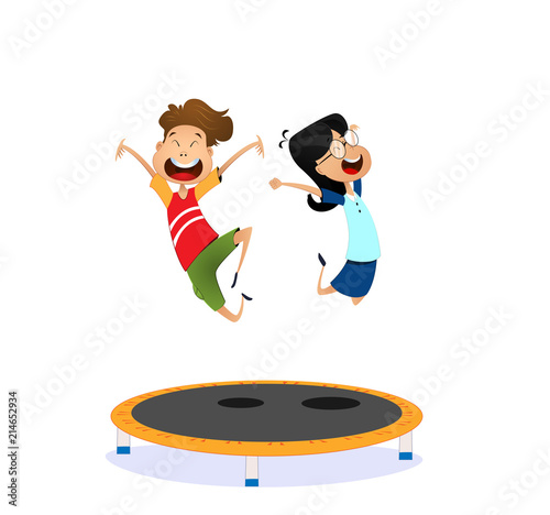 Happy cartoon boy and girl jumping