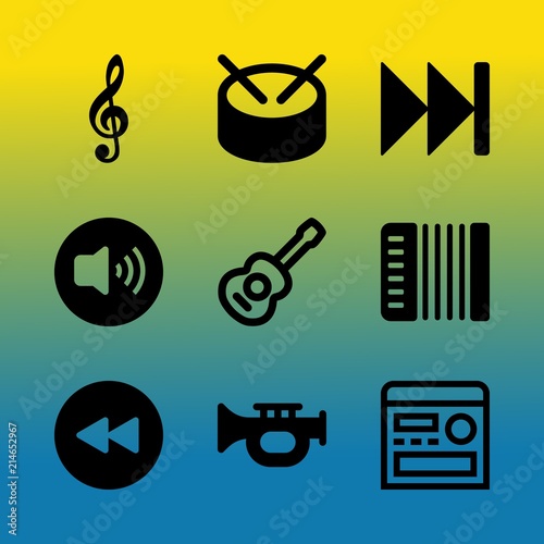 Vector icon set about music player with 9 icons related to doodle, music instruments, arrowheads, hit, graphic, rewind button, set, movie, festival and instrument photo