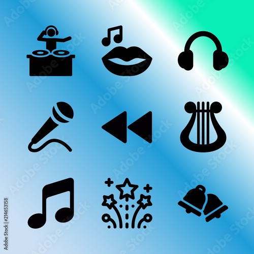 Vector icon set about music player with 9 icons related to mobile device, culture, headset, relaxation, treble, youth, track, transportation, key and new