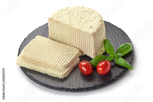 Goat cheese, Havarty cheese, isolated on white background. photo