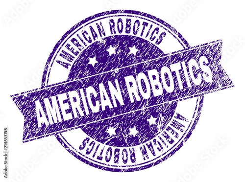 AMERICAN ROBOTICS stamp seal watermark with distress texture. Designed with ribbon and circles. Violet vector rubber print of AMERICAN ROBOTICS text with unclean texture.