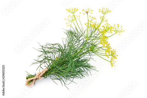 Fresh dill with yellow flowers, isolated on white background. photo