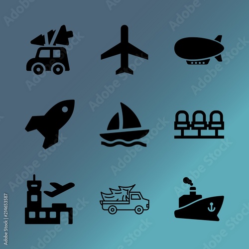 Vector icon set about transport with 9 icons related to building  light  travel  sunset  sport  technology  bag  public  motion and balloon