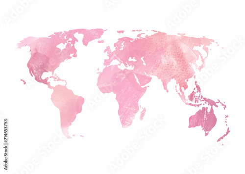 Soft Pink Purple World map illustration Watercolor stains texture