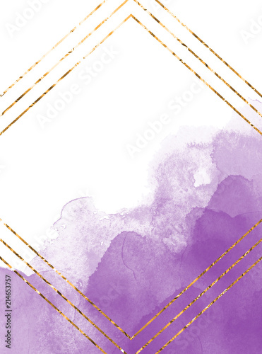 Purple watercolor texture Watercoloor stains Invitation card design witn golden foil frame