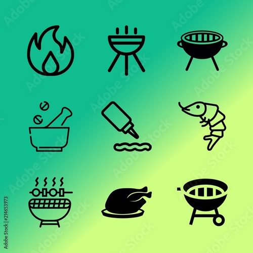 Vector icon set about barbecue with 9 icons related to hot, card, flame, burn, interior, rooster, sirloin, symbol, fast and farm