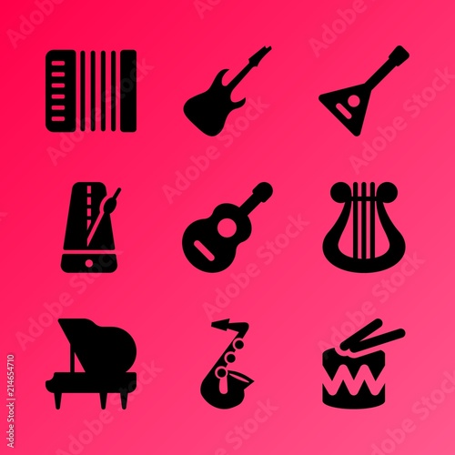 Vector icon set about music instruments with 9 icons related to entertainment, gusli, symphony, guitar, graphic, musician, wallpaper, music instruments, harmonic and decoration
