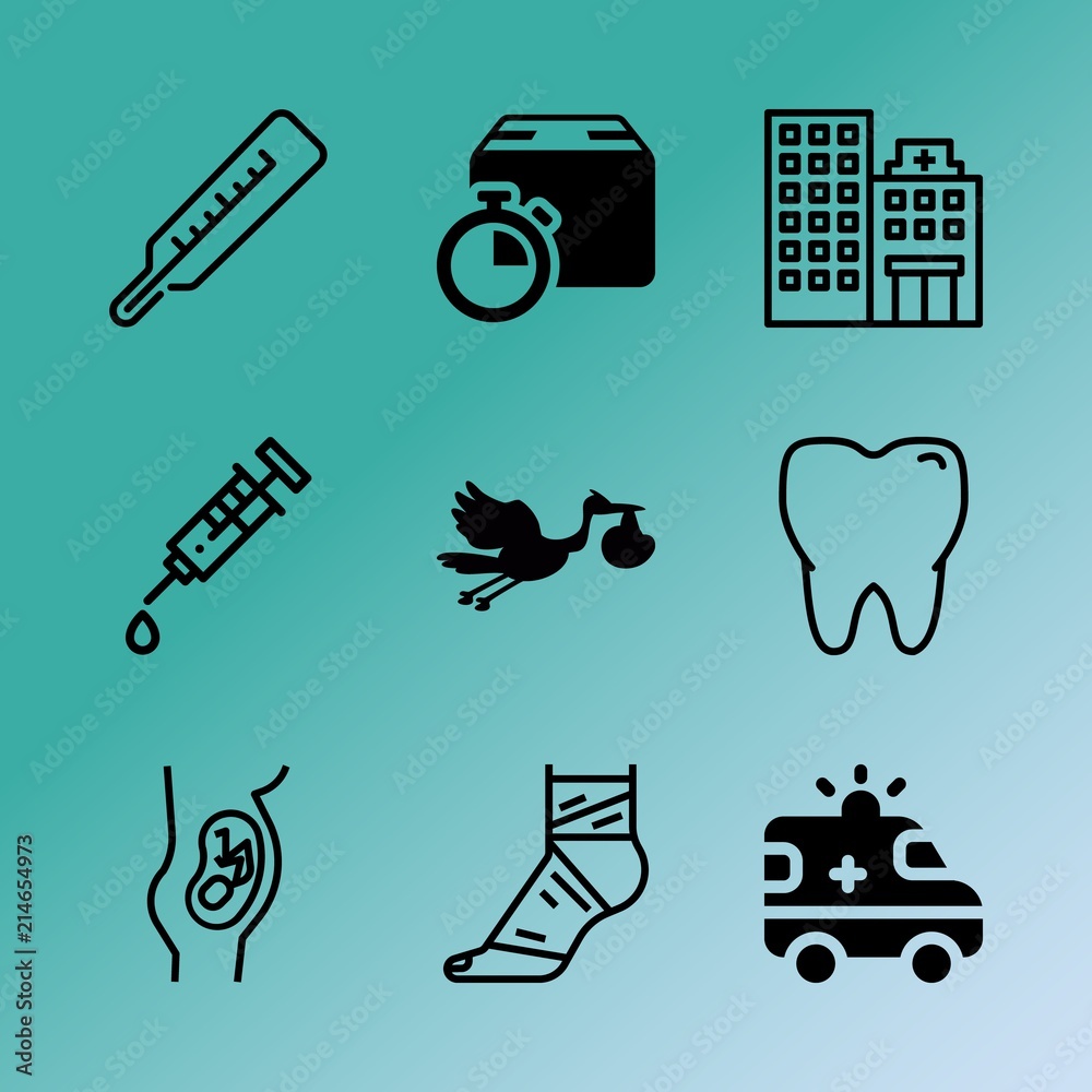 Vector icon set about medicine with 9 icons related to lips, occupation, vector, shipping, injured, born, ambulance, hallway, safety and ward Vector icon set about medicine with 9 icons related to lips, occupation, vector, shipping, injured, born, ambulance, hallway, safety and ward