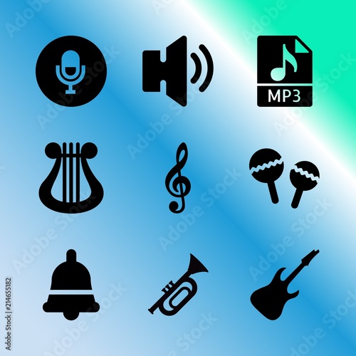 Vector icon set about music player with 9 icons related to gusli, band, modern, display, effect, harp, artistic, guitar, spectrum and graph