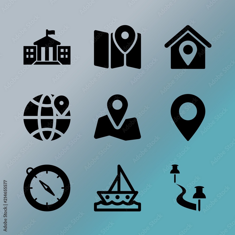 Vector icon set about location with 9 icons related to way, logo, marks, marker, compass, needle, abstract, tool, retro and vintage Vector icon set about location with 9 icons related to way, logo, marks, marker, compass, needle, abstract, tool, retro and vintage
