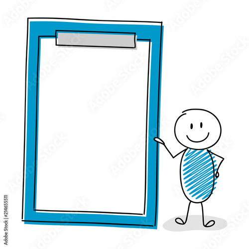 Funny cartoon stickman showing  clipboard with copyspace. Vector.