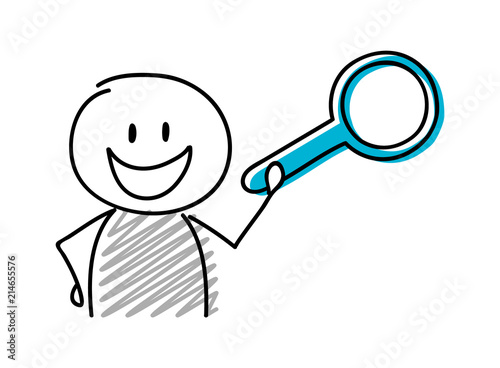 Stickman with happy facial expression holiding magnifier (search) icon. Vector. photo