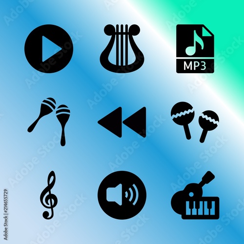 Vector icon set about music player with 9 icons related to festival, cursor, digital, rewind, symphony, entertainment, lap, hud, user and simple photo