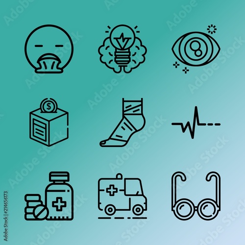 Vector icon set about medicine with 9 icons related to science, label, little, nearsighted, head, think, beauty, brainstorm, glasses and resolution
