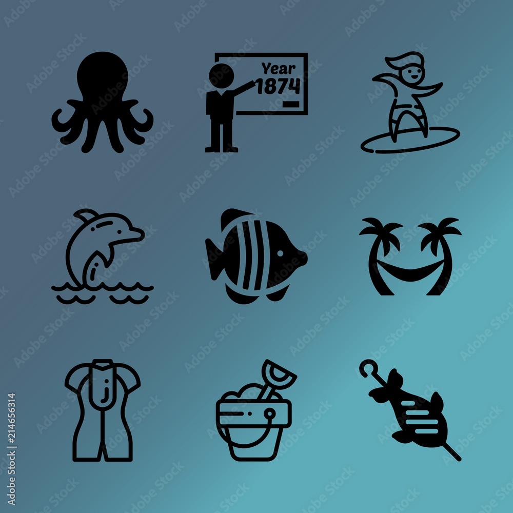 Vector icon set about sea with 9 icons related to drawing, toy, watch, army, tree, abstract, hobby, stamp, seafood and sandcastle