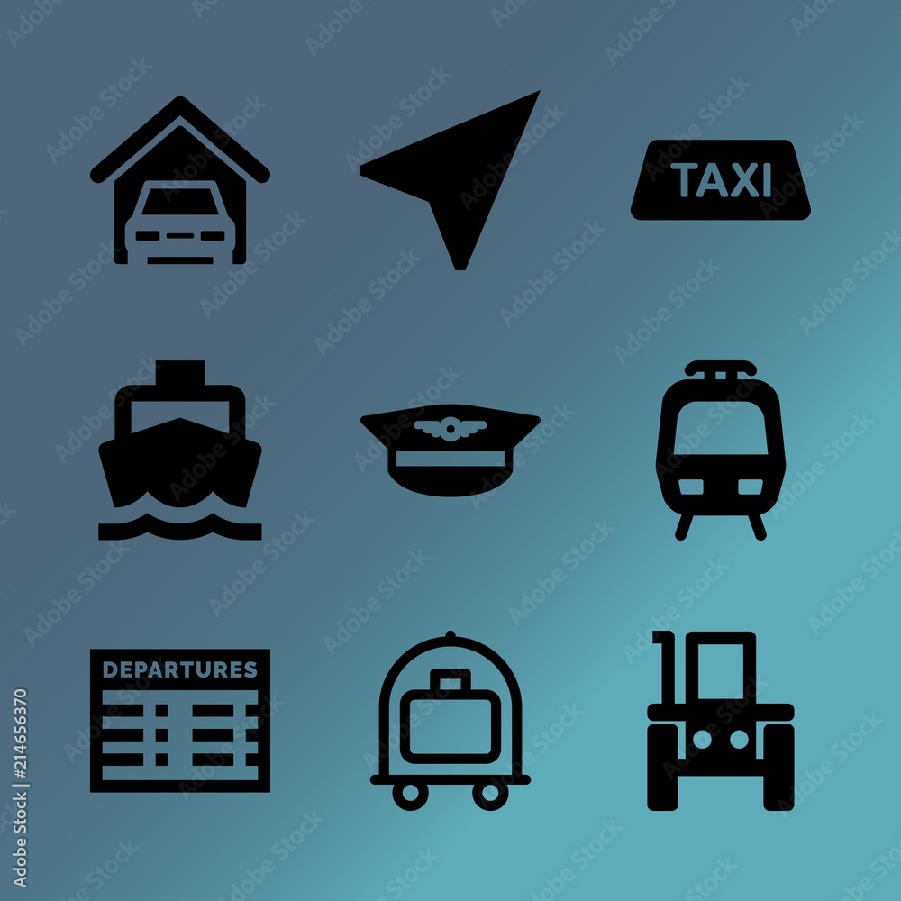 Vector icon set about transport with 9 icons related to distance, fixing, equipment, drive, element, workshop, wheel, driver, train and fun Vector icon set about transport with 9 icons related to distance, fixing, equipment, drive, element, workshop, wheel, driver, train and fun