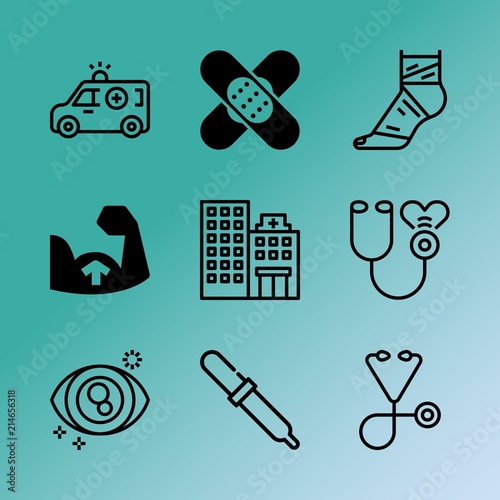 Vector icon set about medicine with 9 icons related to hear, clinic, patch, fix, recovery, medicine, lab, see, architecture and ward