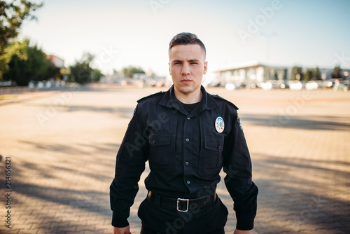 Billede på lærred Male police officer in uniform on the road