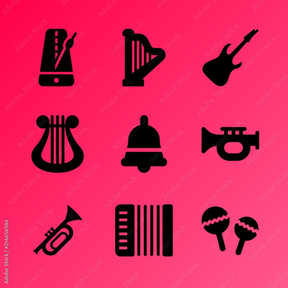 Vector icon set about music instruments with 9 icons related to creative, sheet, note, classical, sound, decoration, symphony, trumpet, guitar and concept