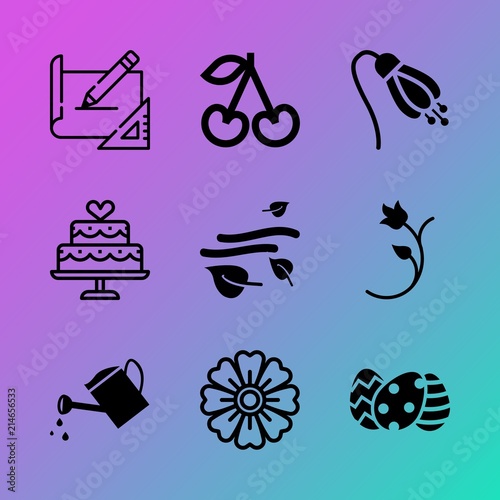 Vector icon set about flowers with 9 icons related to blossom, symbol, drawn, wedding, hand, seasonal, party, concept, blue and retro