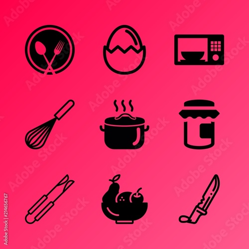 Vector icon set about kitchen with 9 icons related to juice, popcorn, male, orange, croissant, one, grill, icon, albumen and muesli