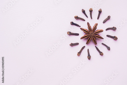 Composition of star anise and cloves on pink background. Abstract flat pattern, top view photo