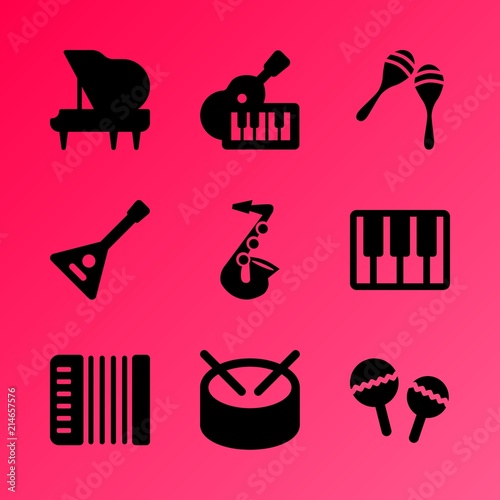 Vector icon set about music instruments with 9 icons related to festival  sax  design  graphic  melody  music keys  black  music  play and silhouette