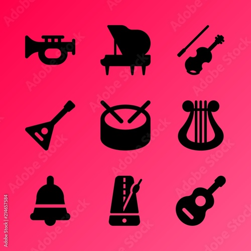 Vector icon set about music instruments with 9 icons related to band, illustration, entertainment, piano, wallpaper, song, drum, design, element and concept