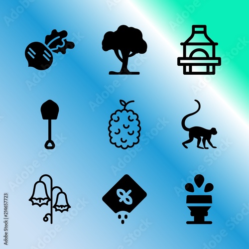 Vector icon set about gardening with 9 icons related to pressure, new, harebell flowers, wild, salad, closeup, silhouette, tropical, autumn and texture