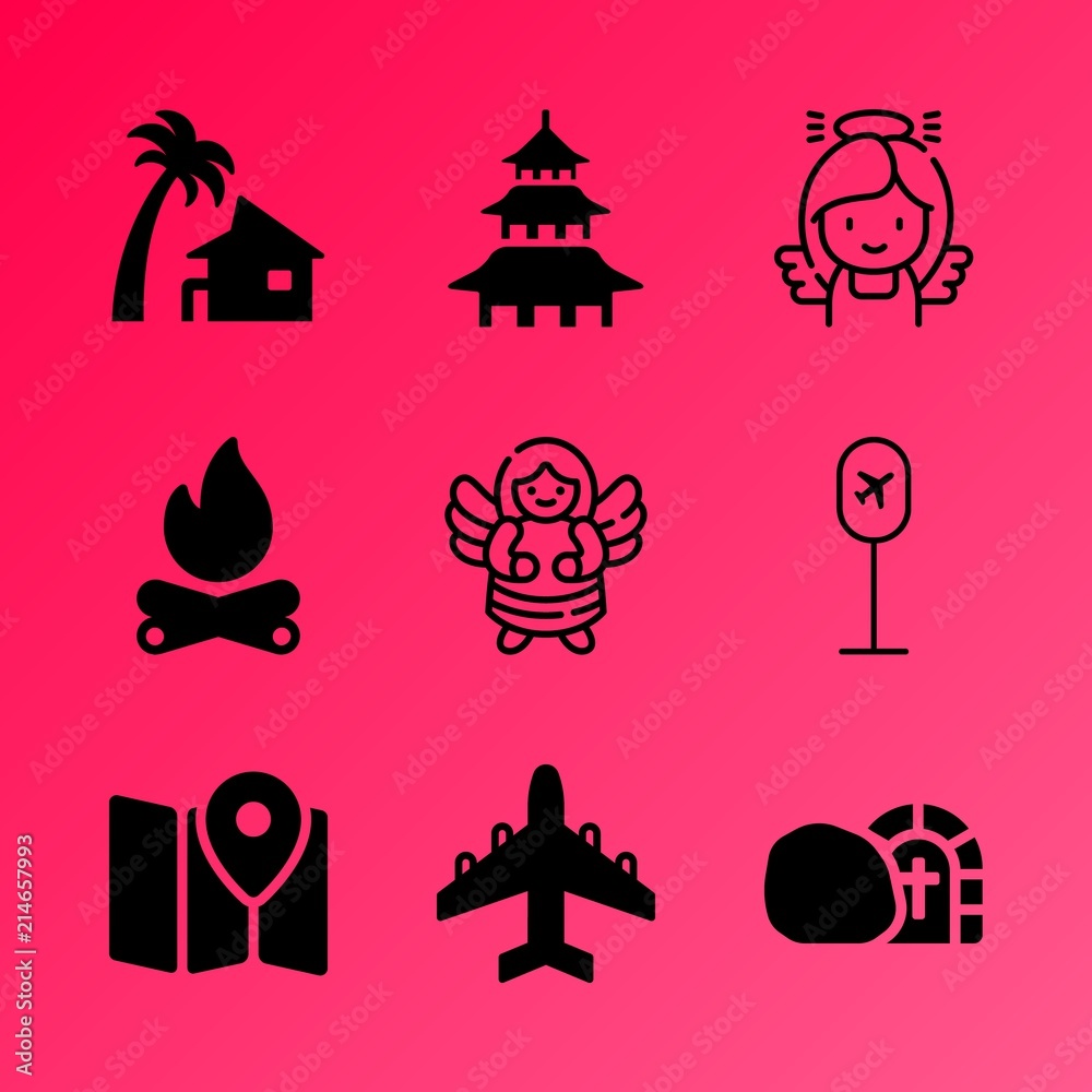 Vector icon set about travel and tourism with 9 icons related to airliner, scenic, man, sea, thai, paradise, land, crucifix, campfire and asia Vector icon set about travel and tourism with 9 icons related to airliner, scenic, man, sea, thai, paradise, land, crucifix, campfire and asia