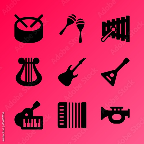 Vector icon set about music instruments with 9 icons related to gusli, black, festival, musician, flat, xylophone, fun, percussion, element and tone