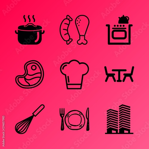 Vector icon set about kitchen with 9 icons related to bbq, kitchen, facade, building, striploin, development, roast, construction, processor and block