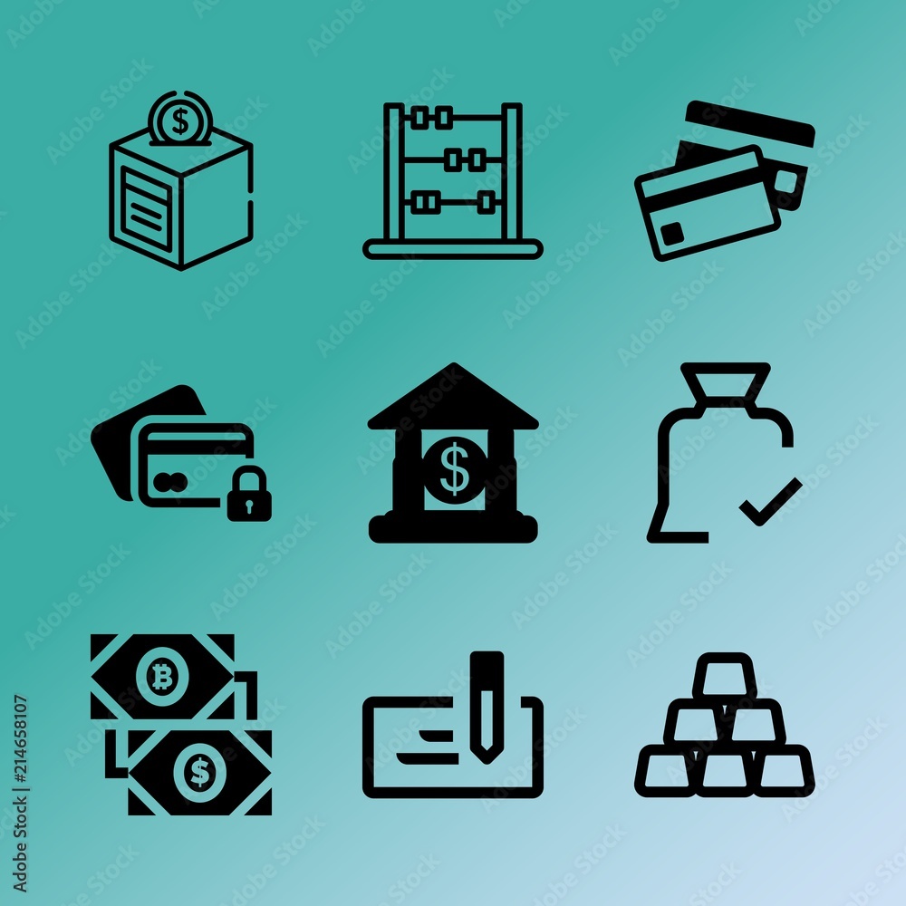 Vector icon set about bank with 9 icons related to jackpot, metal, deposit, wealth, aid, credit, occupation, financial, concept and retail