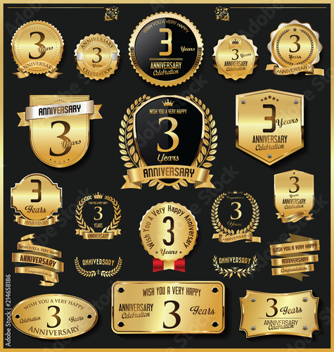 Anniversary retro vintage golden badges and labels vector 3 years