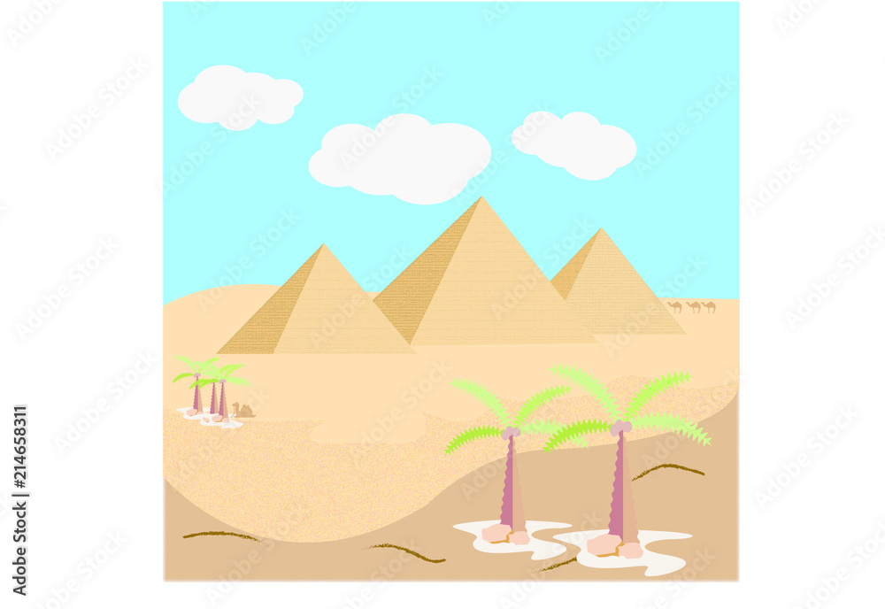 Desert with pyramids and camels