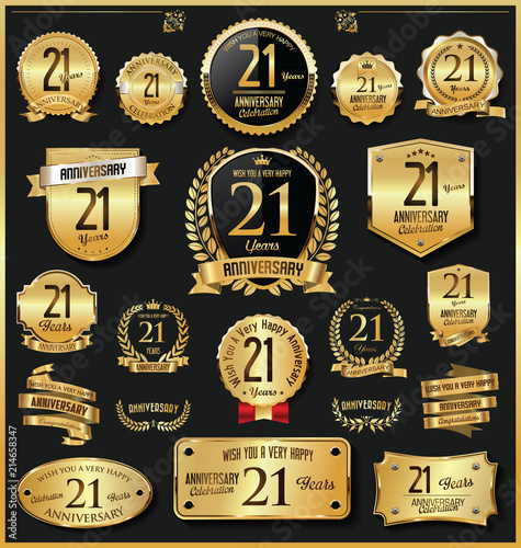 Anniversary retro vintage golden badges and labels vector 21 years