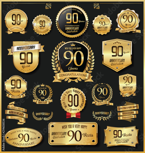 Anniversary retro vintage golden badges and labels vector 90 years