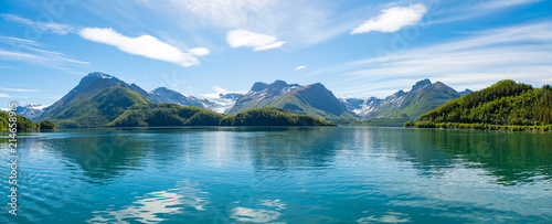 Panorama view on Nordfjorden and Svartisen glacier at Meloy in Norway photo