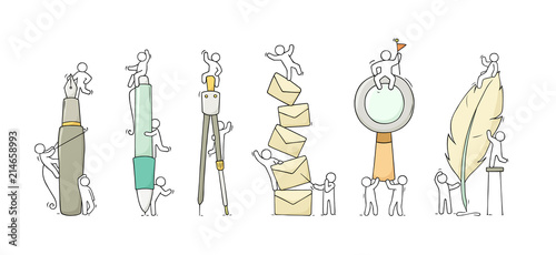 Office supplies set with working little people.