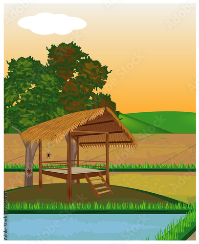 straw hut at paddy field vector design