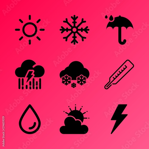 Vector icon set about weather with 9 icons related to snowy  electric  snow  travel  white  health  car  web  backdrop and tree