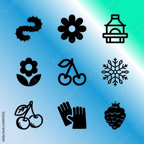 Vector icon set about gardening with 9 icons related to sakura, stem, food, training, rose, environment, organic, greeting, barbeque and earth