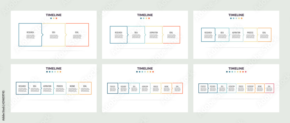 Business infographics. Timeline with 3 - 8steps, options, squares. Vector template. Editable line.