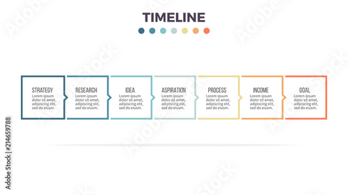 Business infographics. Timeline with 7 steps, options, squares. Vector template. Editable line.