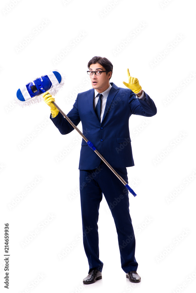Handsome businessman with the mop isolated on white background Handsome businessman with the mop isolated on white background