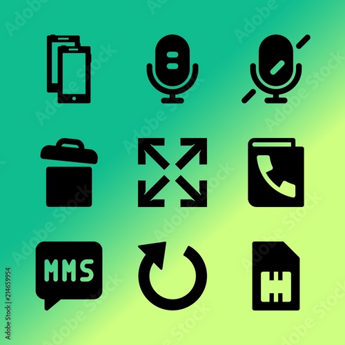 Vector icon set about mobile device with 9 icons related to energy, yellow, chatting, background, short, connection, isolated, round, gsm and reset