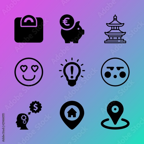 Vector icon set about business with 9 icons related to drawing, shy, light, energy, economic, pin, mouth, bright, minimalistic and national