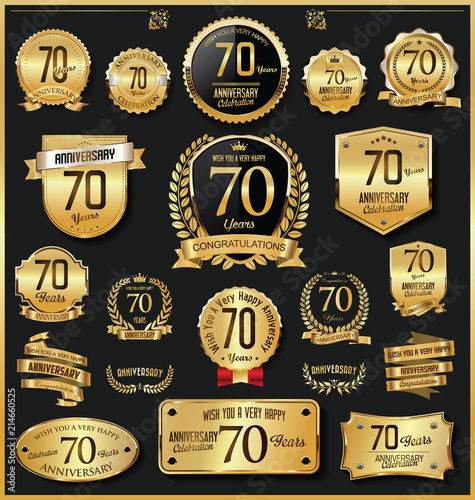 Anniversary retro vintage golden badges and labels vector 70 years