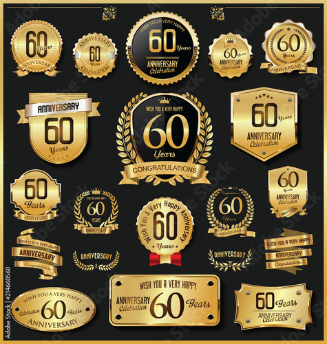Anniversary retro vintage golden badges and labels vector 60 years